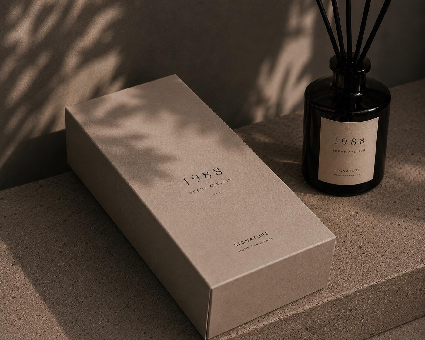 The 1988 Scent Atelier Signature gift box beside the diffuser bottle on stone