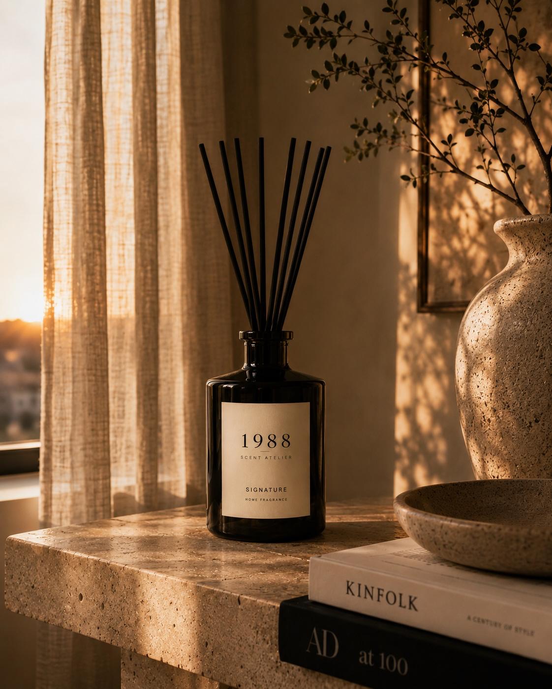 The 1988 Scent Atelier Signature diffuser at golden hour beside a linen curtain