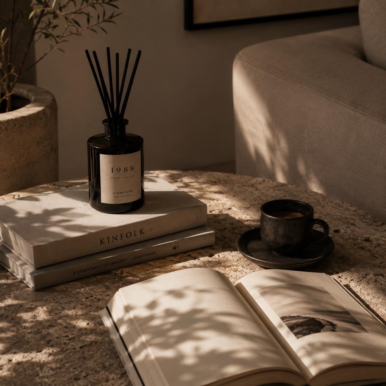1988 Scent Atelier Signature diffuser styled in a calm, sunlit living room