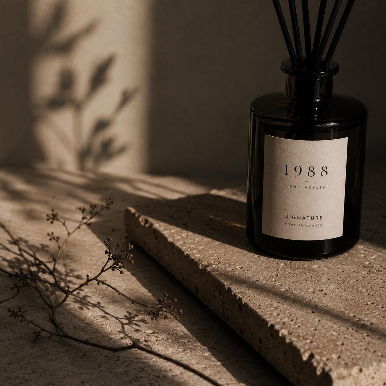 The 1988 Signature diffuser resting on a travertine slab in soft shadow